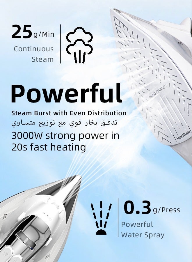 مارتيزان مكواة بخار قوية 3000 واط، قاعدة سيراميك نانو، مكواة 4 في 1، إيقاف تشغيل تلقائي، صندوق مكواة سريع التسخين، كي جاف، رش وتفجير، درجة حرارة قابلة للتعديل، تنظيف ذاتي، مضاد للتنقيط، مضاد للتكلس، خزان مياه كبير 400 مل، أبيض - Image 5